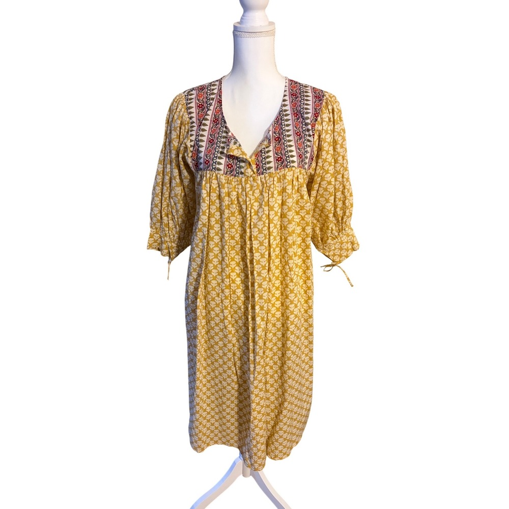 Pomegranate Mustard Yellow Block Print Floral Midi Dress Womens Small Boho Puff
